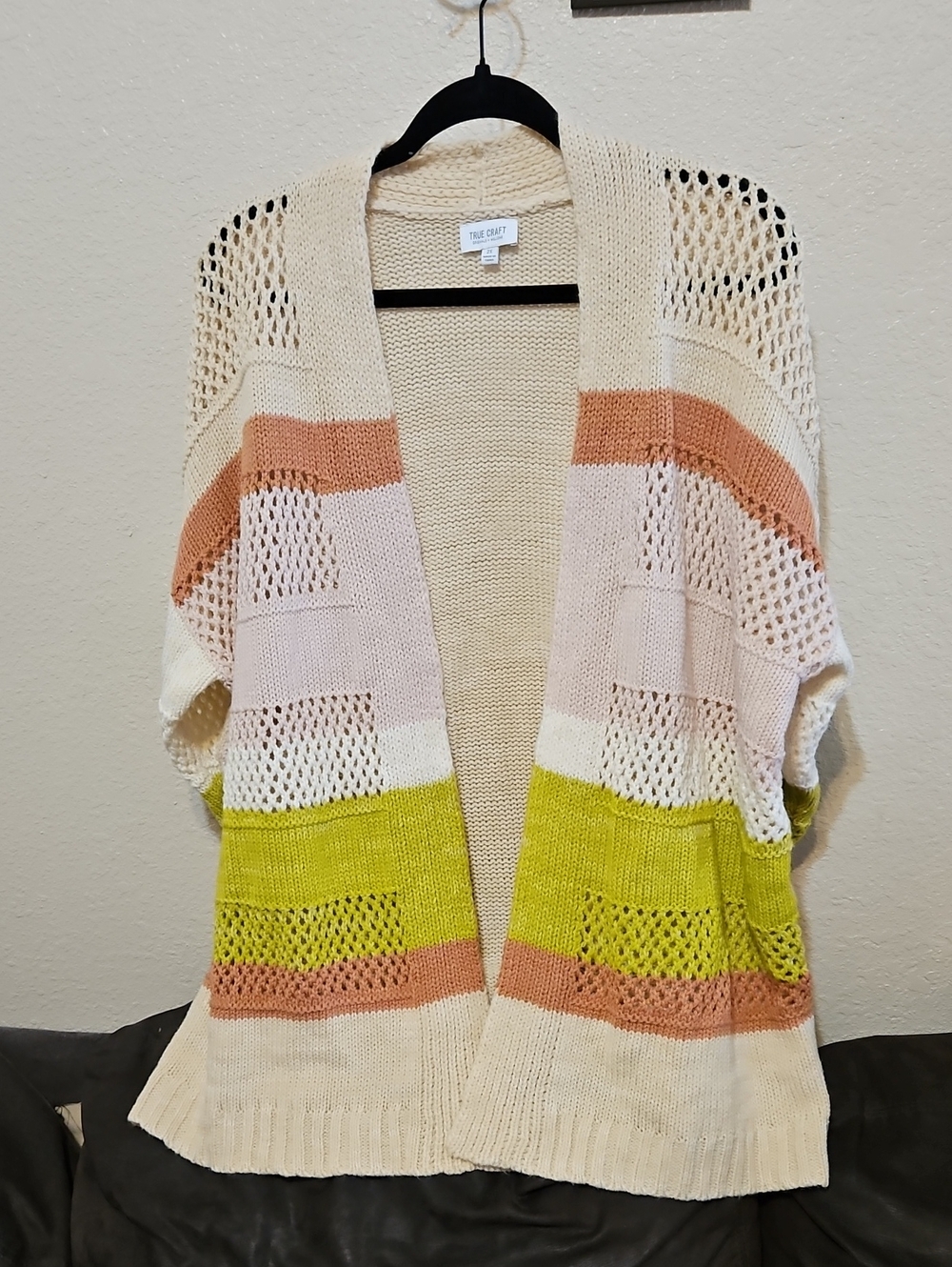 True Craft Striped Open-Front Cardigan in Cream, Pink, Peach & Lime